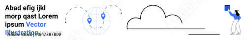 Data sharing, cloud technology, global communication, remote storage, digital transfer, internet connectivity. Globe with location markers and cloud with person holding book. Data sharing and cloud
