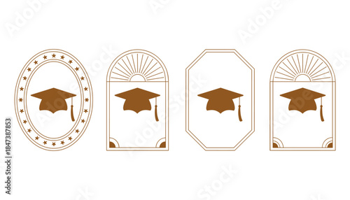 Four brown graduation cap emblems with decorative borders and star accents on white background academic