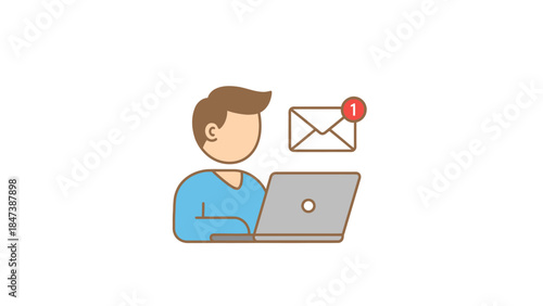 Man working on laptop receiving new email notification.