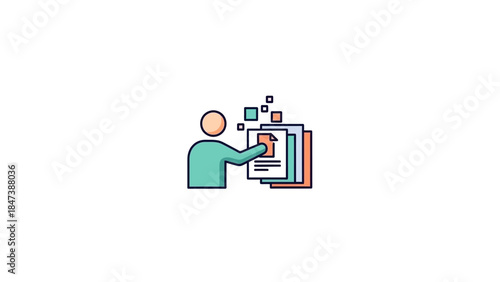 Person organizing documents and data with digital elements.