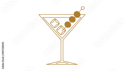 Golden outline martini glass with ice cubes and three olives on skewer cocktail drink