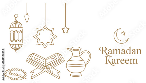 Islamic Ramadan Kareem greeting with crescent moon star lantern Quran prayer beads and jug