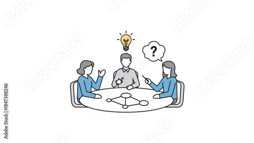 Team brainstorming session with a bright idea and questions.