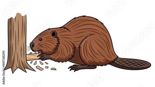 A cartoon beaver gnawing on a tree trunk.