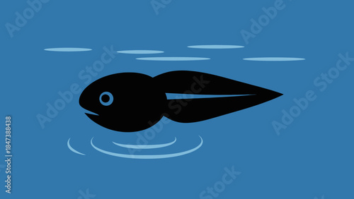 A simple black tadpole with a blue eye swims in blue water.