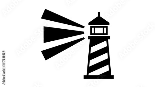 Black and white illustration of a lighthouse emitting light beams.