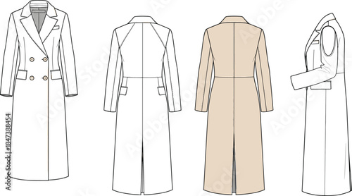 Technical Fashion Flats of a Double-Breasted Long Coat with Lapel Collar, Illustrating Garment Construction, Apparel Mockup, and Detailed Technical Drawing