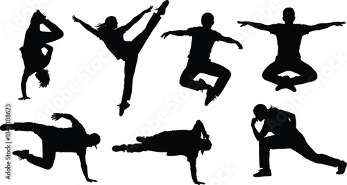 Collection of Dynamic Parkour and Street Dance Silhouettes Performing Handstands, Jumps, and Athletic Acrobatics, Representing Urban Movement, Energy, and Youth Culture