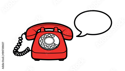 Red rotary dial telephone with black coiled cord and empty speech bubble on white background red telephone