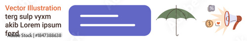 Financial planning, protection, risk management, insurance concepts, digital security, business solutions. Icons include an umbrella, monetary symbols and shield elements. Financial planning