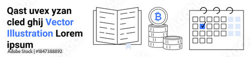Finance, blockchain, scheduling, digital transactions, cryptocurrency, book reading. Open book, stacked coins with Bitcoin logo calendar with date marked. Finance and blockchain visualization