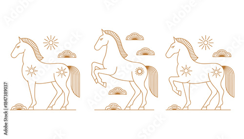 Three stylized brown line horses with sun and cloud motifs on a white background equine animal line outline