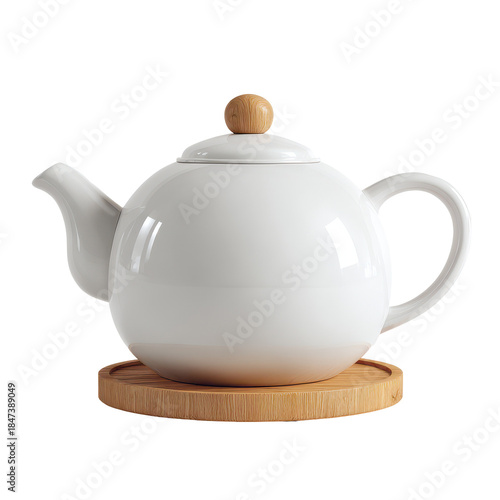 Elegant white teapot with bamboo base for serving hot beverages. or transparent background