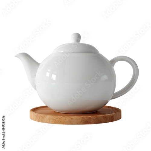 Elegant white teapot on a wooden base for tea enthusiasts. or transparent background