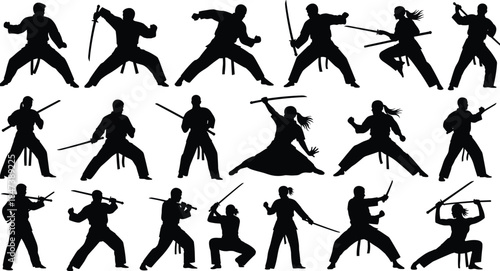 Large Collection of Samurai Silhouettes Holding Katana Swords in Various Action Poses, Representing Japanese Martial Arts, Warrior Culture, and Skill