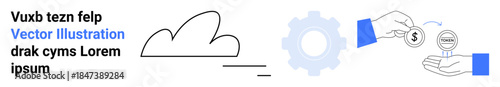 Cloud storage, finance, technology, online payments, data exchange, digital tools. Minimalist cloud, a gear and hands exchanging money. Cloud storage and finance concept in modern technology