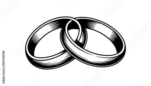 Two black wedding rings with hatched texture intertwined on a white background intertwined rings marriage