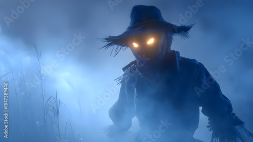 Mysterious figure with glowing eyes in dark foggy atmosphere
