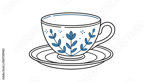 White teacup and saucer with blue floral pattern and black outline on white background coffee cup tea set