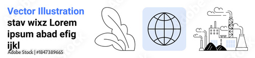 Climate change, air pollution, ecosystem conservation, industrial impacts, environmental awareness, global issues. Globe icon, leaf and factory with emissions. Climate change and air pollution