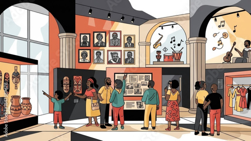 A group of people are looking at exhibits in a museum with framed pictures and sculptures on display, including pottery, clothing and musical instruments on show