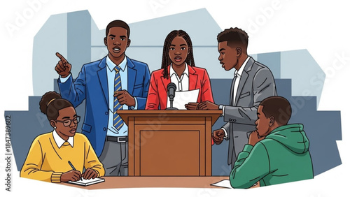 A group of diverse young adults engaged in a lively discussion in a classroom setting with one woman speaking at a podium and others listening intently