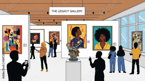 People in an art gallery looking at paintings and sculpture on display in a modern exhibition space with large windows and wooden ceiling