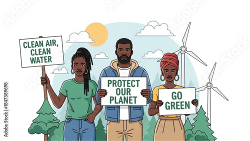 Diverse group of people holding eco friendly protest signs with wind turbines and trees in background promoting clean air and water