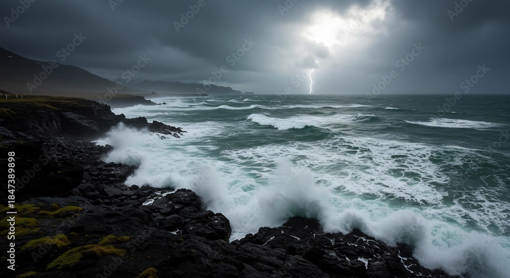 Obraz premium 雷が光る荒れた夜の海大波が黒い岩に激しく打ち付け劇的な自然の猛威を映し出す. AI Generated