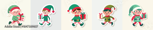 Christmas elf sticker carrying a small gift. Vector, minimalist, illustration, icon set.