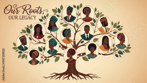 A stylized tree with diverse people's faces in leaves on branches, symbolizing roots and legacy, on a beige background