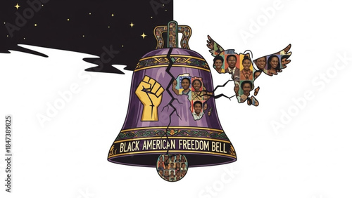 Vibrant purple black american freedom bell with raised fist and faces on a white background with a night sky