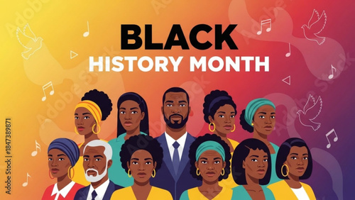Diverse group of black people celebrating black history month with vibrant colorful background and musical notes