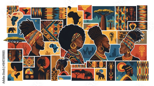 Vibrant african cultural collage with diverse women's faces and traditional patterns and symbols