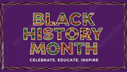 Vibrant black history month celebration background with kente cloth patterned text and golden border on purple
