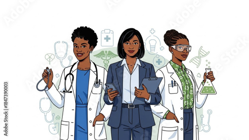 Three diverse professional women in medical and scientific fields with lab coats and medical equipment standing together