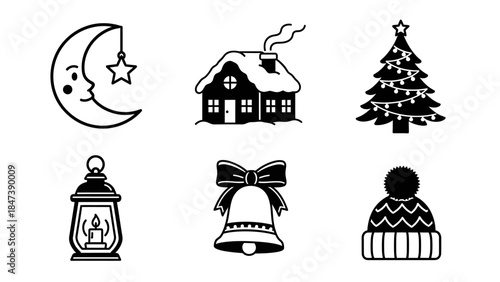 Night sky christmas tree icons including crescent moon with star hanging snow covered house illuminated christmas tree lantern bell with bow and knitted beanie