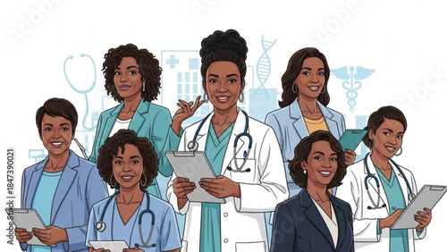Diverse group of seven smiling african american women in medical professional attire with stethoscopes and clipboards standing together confidently
