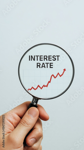 Interest rate increasing concept under magnifying glass, symbolizing inflation, economic pressure, or rising loan costs. Perfect for finance articles and economic analysis.