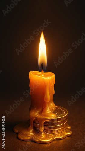 Candle flame money concept, melting wax coin stack, financial risk heat, market volatility inflation pressure, economic loss metaphor, dark background mood