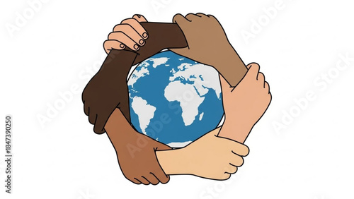 Diverse hands of different skin tones holding the earth globe in unity and cooperation for global harmony and environmental conservation