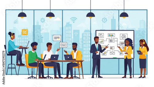 A diverse group of business professionals collaborating in a modern office with laptops and a whiteboard presentation