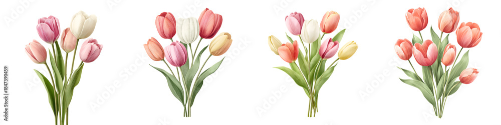 Obraz premium Watercolor Tulip Bouquet Set: Four Floral Arrangements on White