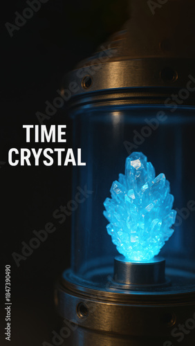 Futuristic quantum crystal device glowing blue energy, science fiction computing artifact symbolizing future power technology and mysterious time concept