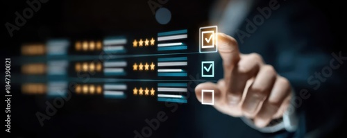 Online seller interactive dashboard showing review progress and AI planning decision, futuristic theme
