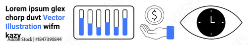 Bar chart with progress, hand holding a coin emphasizing saving and earning, eye with clock representing time management. Ideal for analytics, finance, productivity, time, monitoring, growth simple
