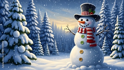 A cheerful snowman wearing a scarf and hat in a snowy forest with pine trees