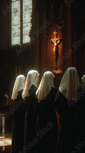 Nuns in Religious Attire Praying in Church
