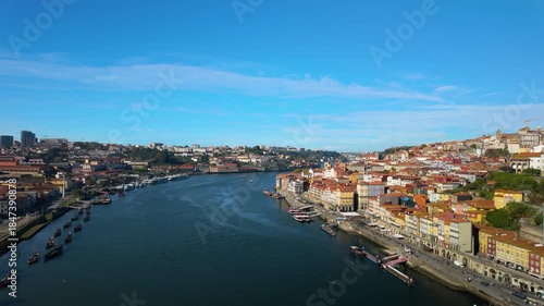 Panoramic View Of Douro River And The Historic City Of Porto, Portugal. Aerial Panning Shot