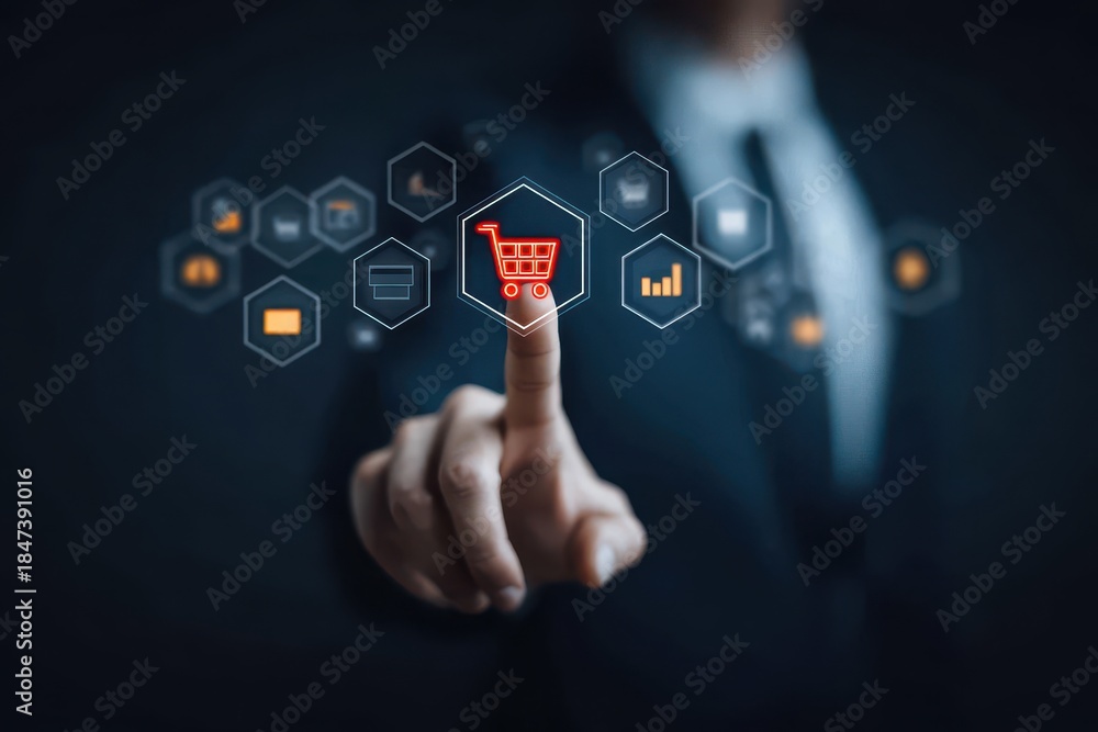 Fototapeta premium Interactive online seller system tracking review progress with AI planning decision, cyberpunk glowing interface